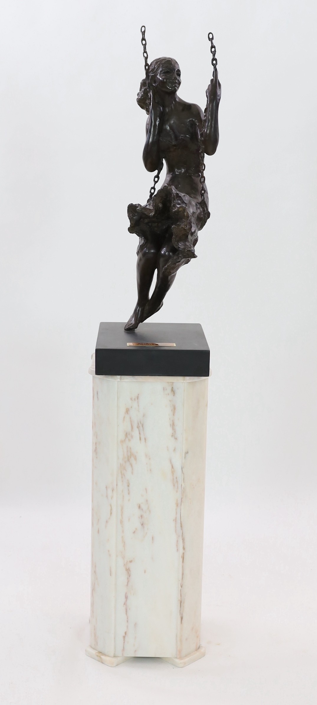 Sydney Harpley R.A. (British, 1927-1992), bronze, 'Girl on a Swing', overall height 85cm excluding white marble pedestal